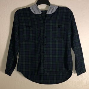 Navy Blue, Green, and Black Flannel size small with a grey hood